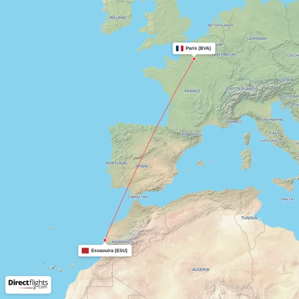 Essaouira - Paris direct flight map