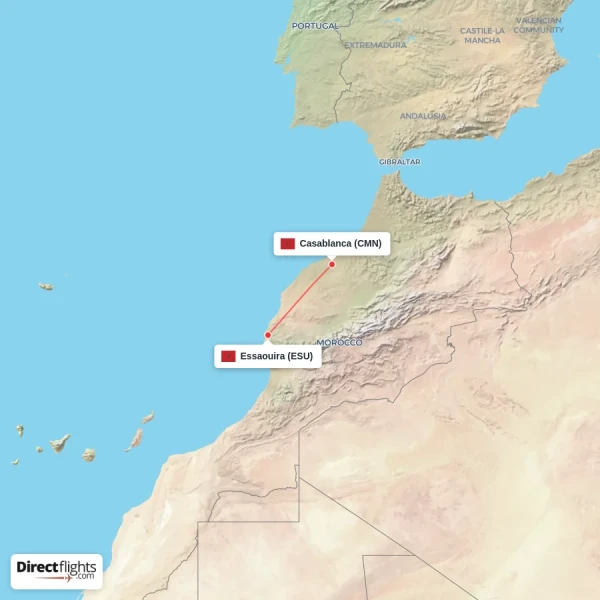 Essaouira - Casablanca direct flight map