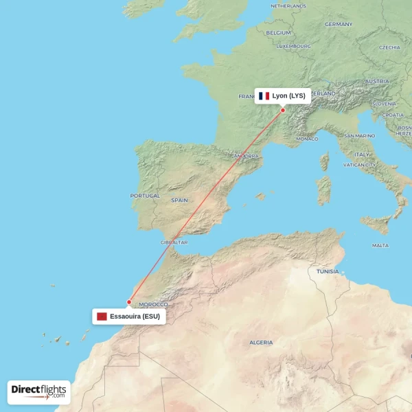 Essaouira - Lyon direct flight map