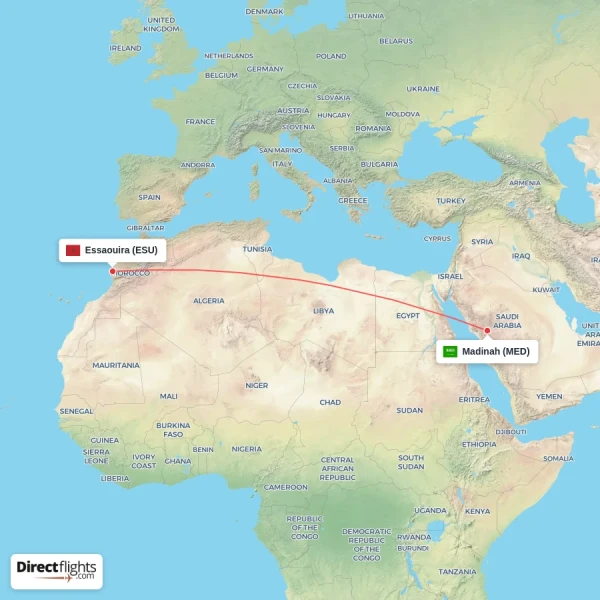 Essaouira - Madinah direct flight map