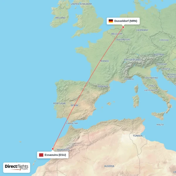 Essaouira - Dusseldorf direct flight map