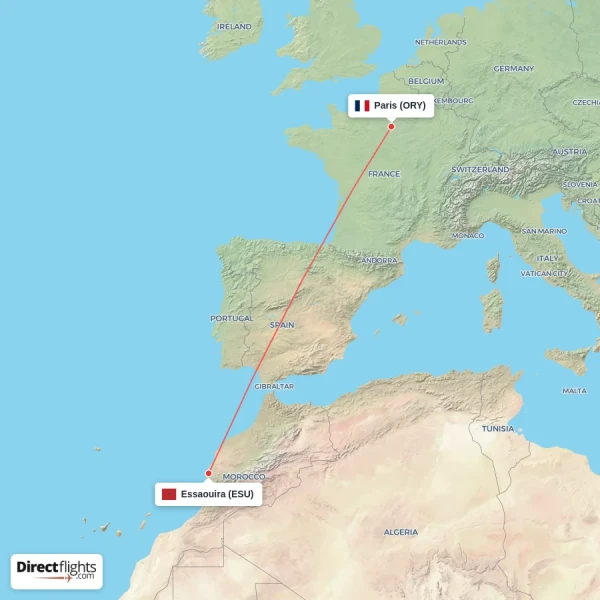 Essaouira - Paris direct flight map