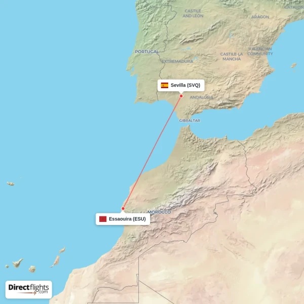 Essaouira - Sevilla direct flight map