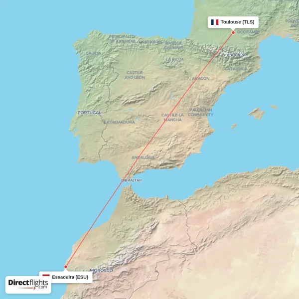 Essaouira - Toulouse direct flight map
