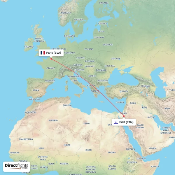 Eilat - Paris direct flight map