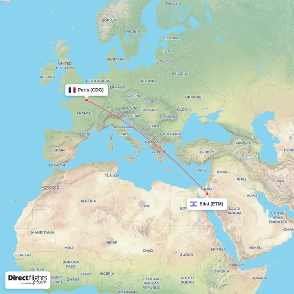 Eilat - Paris direct flight map