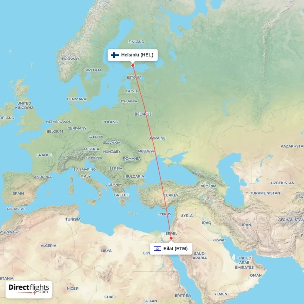 Eilat - Helsinki direct flight map