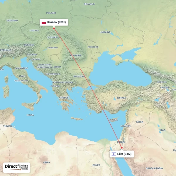Eilat - Krakow direct flight map