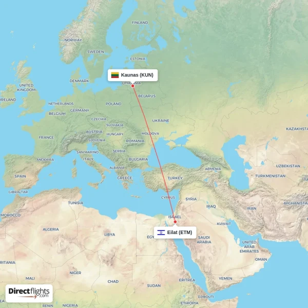 Eilat - Kaunas direct flight map
