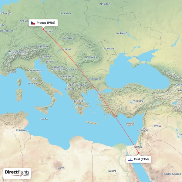 Eilat - Prague direct flight map
