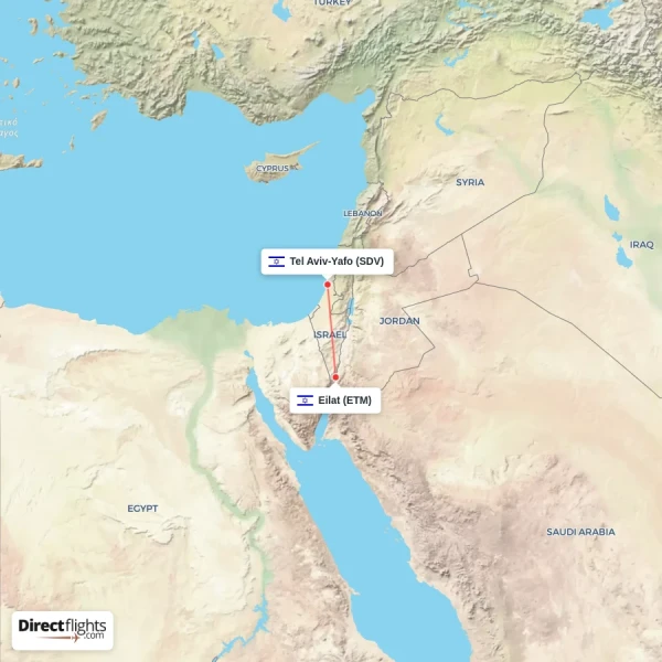 Eilat - Tel Aviv-Yafo direct flight map