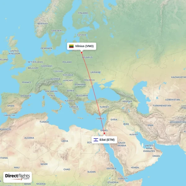 Eilat - Vilnius direct flight map