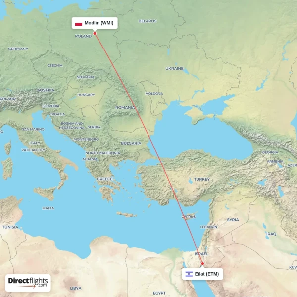 Eilat - Modlin direct flight map