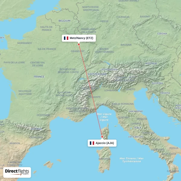 Metz/Nancy - Ajaccio direct flight map