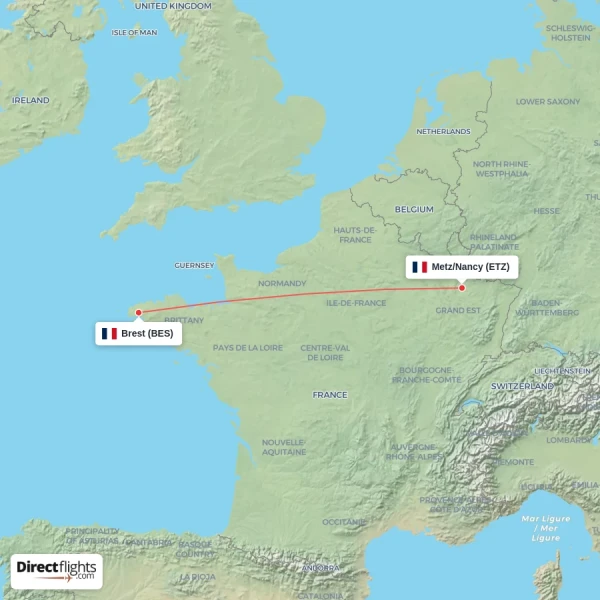 Metz/Nancy - Brest direct flight map