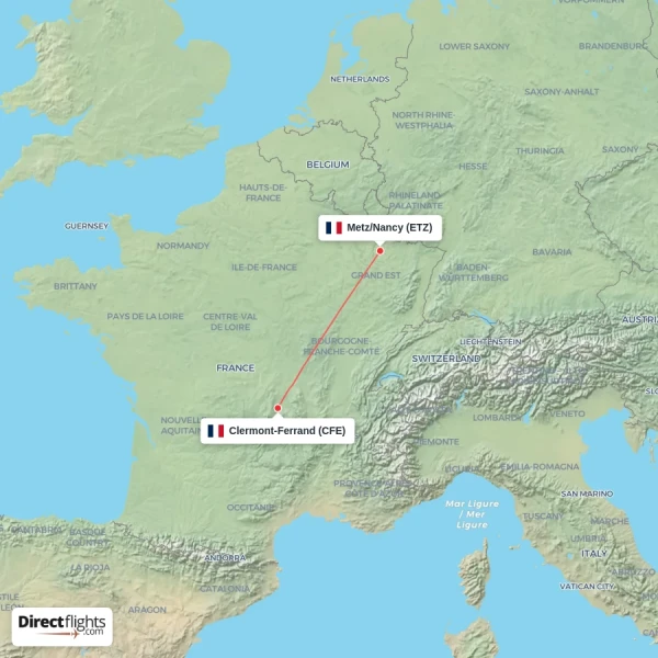 Metz/Nancy - Clermont-Ferrand direct flight map