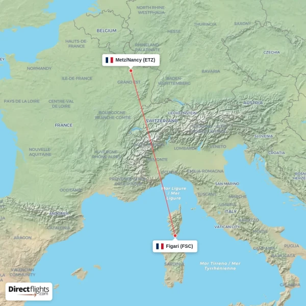 Metz/Nancy - Figari direct flight map