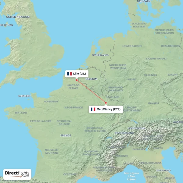 Metz/Nancy - Lille direct flight map