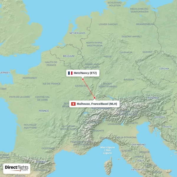 Metz/Nancy - Mulhouse, France/Basel direct flight map