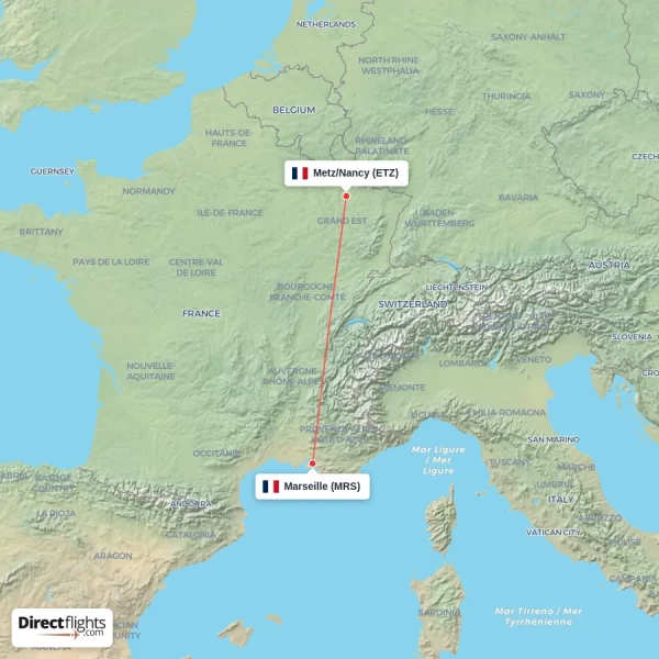 Metz/Nancy - Marseille direct flight map