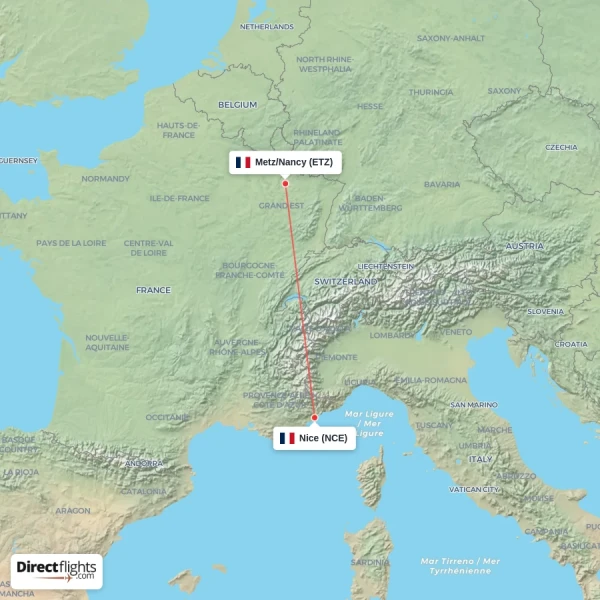 Metz/Nancy - Nice direct flight map