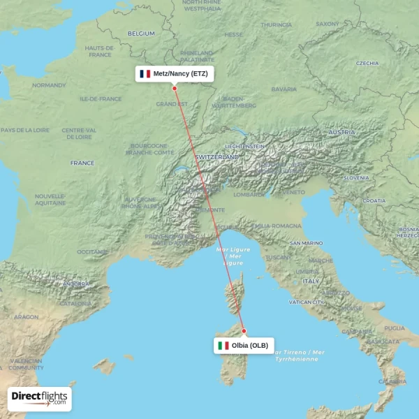 Metz/Nancy - Olbia direct flight map