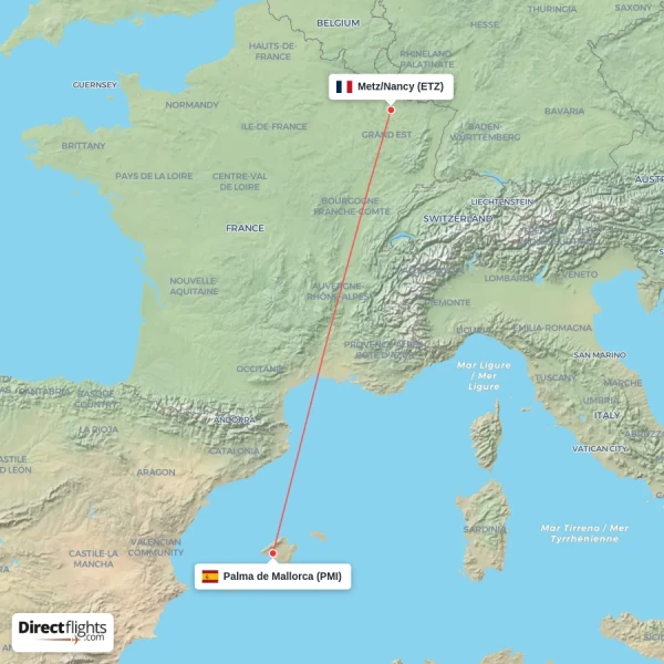 Metz/Nancy - Palma de Mallorca direct flight map