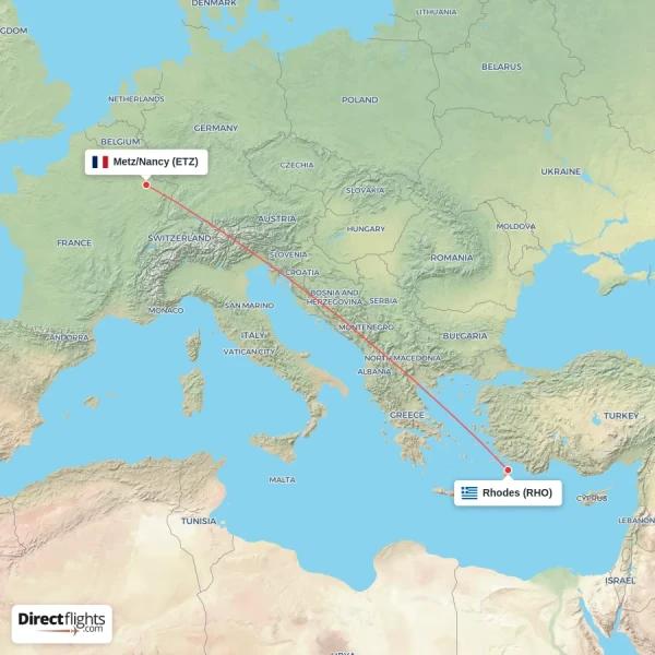 Metz/Nancy - Rhodes direct flight map