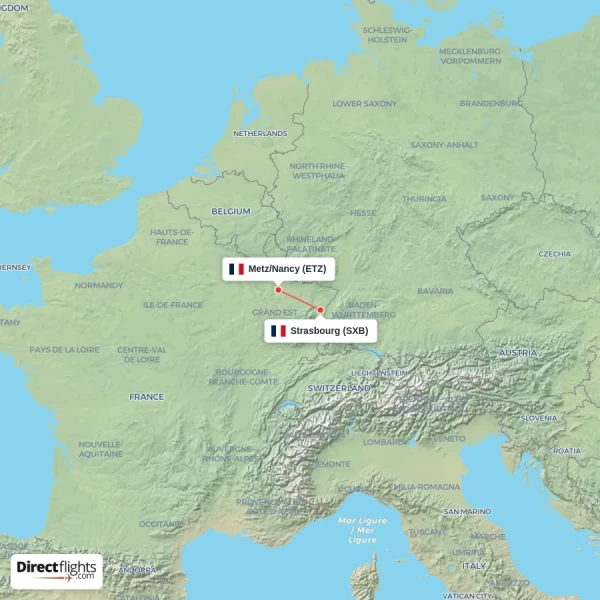Metz/Nancy - Strasbourg direct flight map
