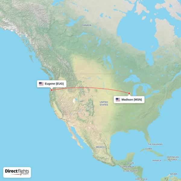 Eugene - Madison direct flight map