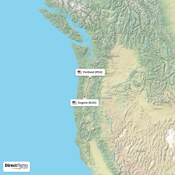 Eugene - Portland direct flight map