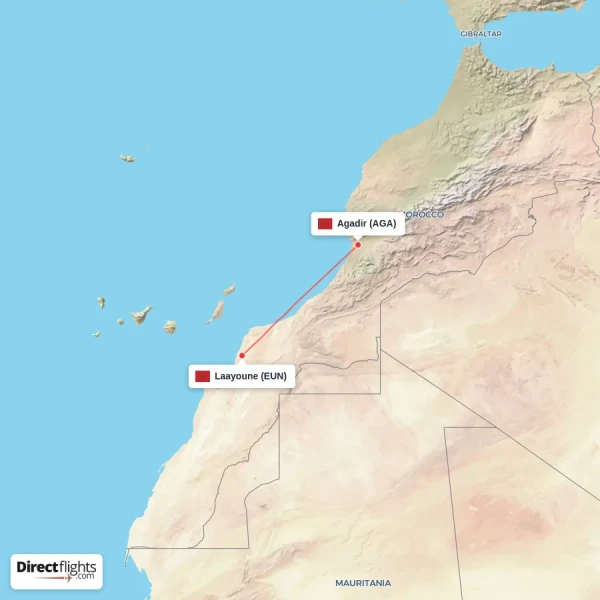 Laayoune - Agadir direct flight map
