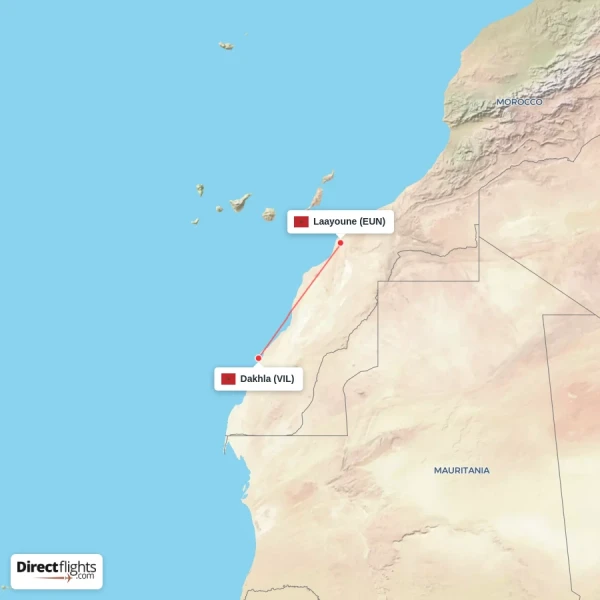 Laayoune - Dakhla direct flight map