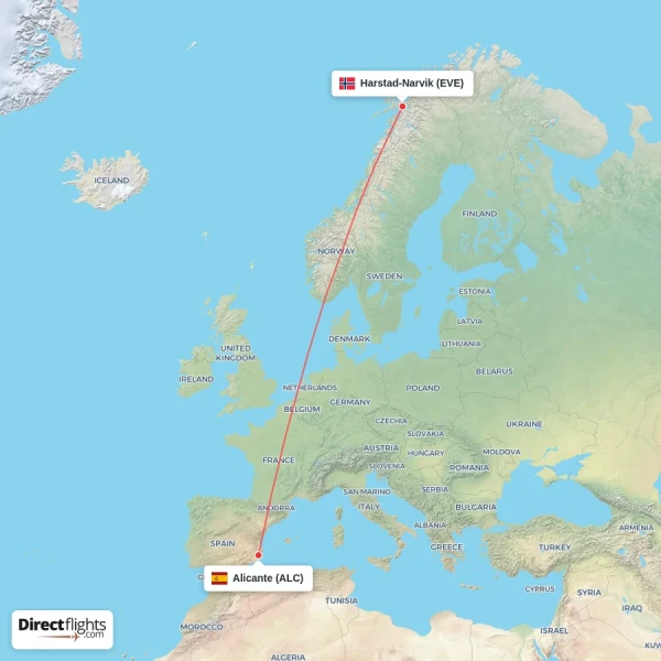 Harstad-Narvik - Alicante direct flight map