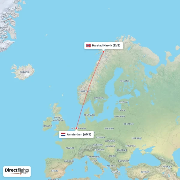Harstad-Narvik - Amsterdam direct flight map