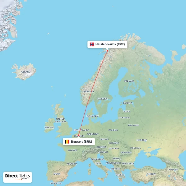 Harstad-Narvik - Brussels direct flight map