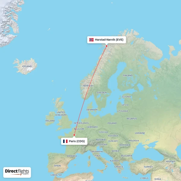Harstad-Narvik - Paris direct flight map