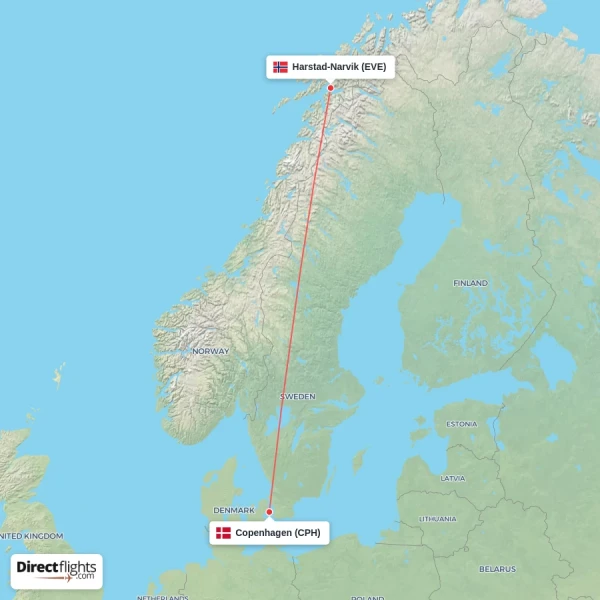 Harstad-Narvik - Copenhagen direct flight map
