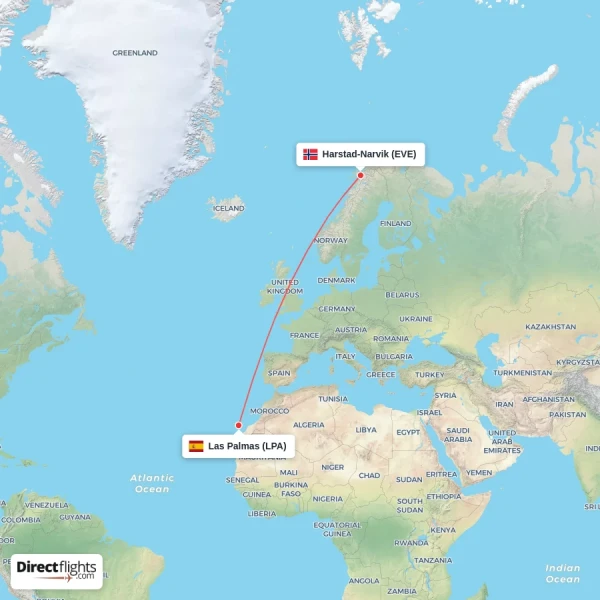 Harstad-Narvik - Las Palmas direct flight map