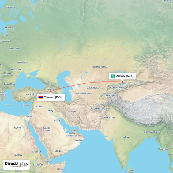 Yerevan - Almaty direct flight map