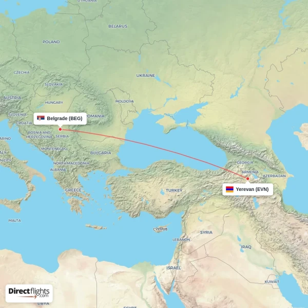 Yerevan - Belgrade direct flight map