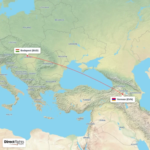 Yerevan - Budapest direct flight map