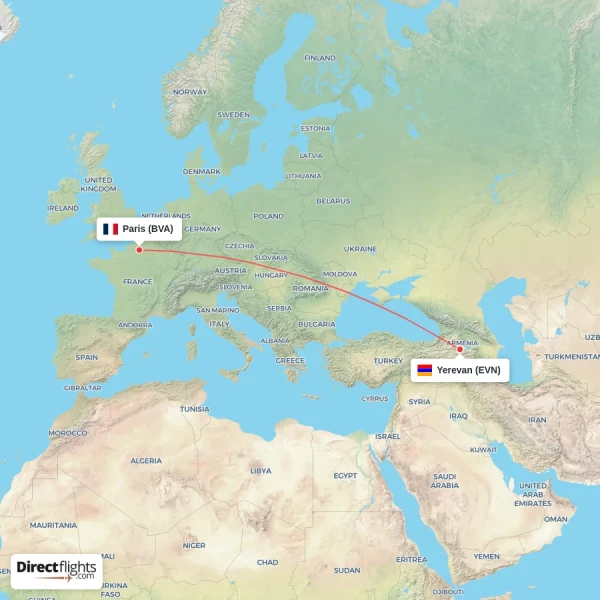 Yerevan - Paris direct flight map
