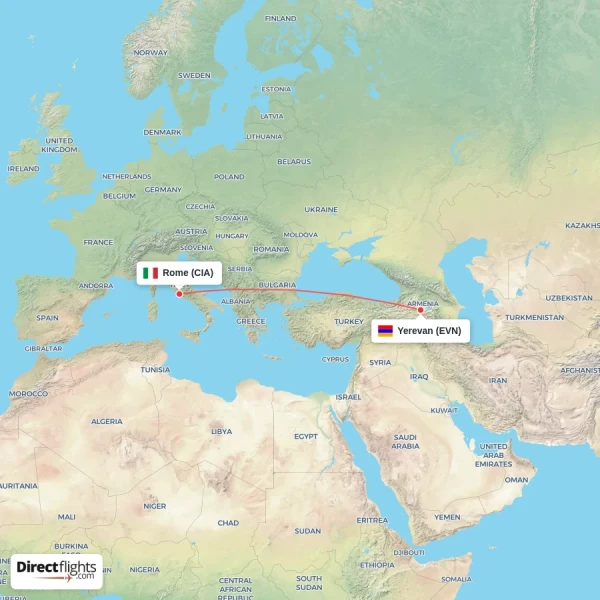 Yerevan - Rome direct flight map