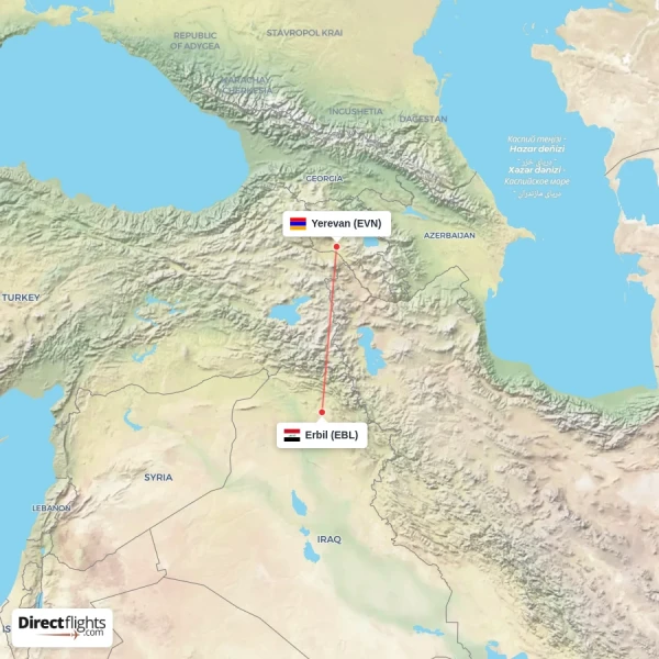 Yerevan - Erbil direct flight map