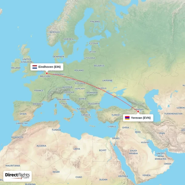 Yerevan - Eindhoven direct flight map