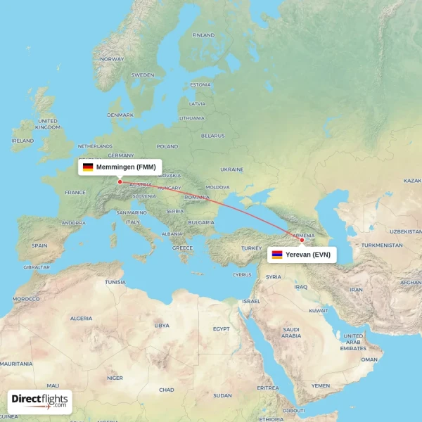 Yerevan - Memmingen direct flight map