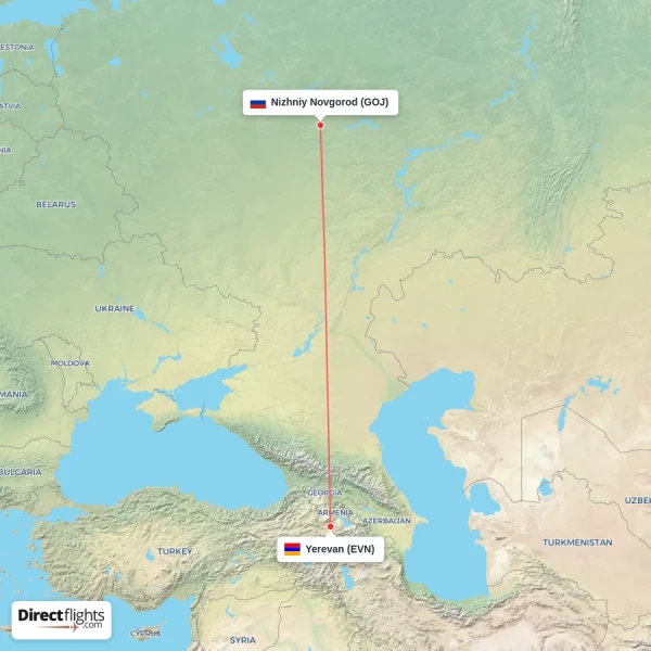 Yerevan - Nizhniy Novgorod direct flight map