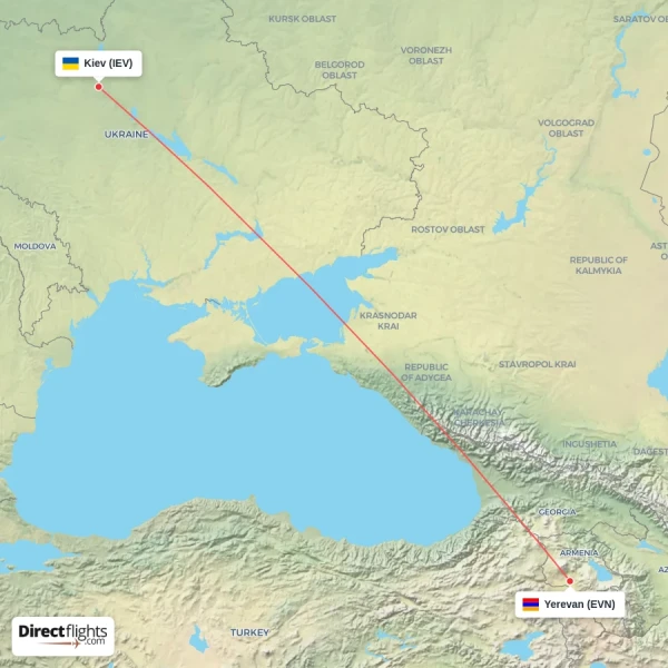 Yerevan - Kiev direct flight map