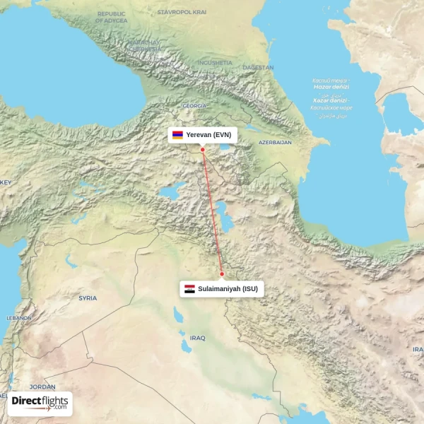 Yerevan - Sulaimaniyah direct flight map